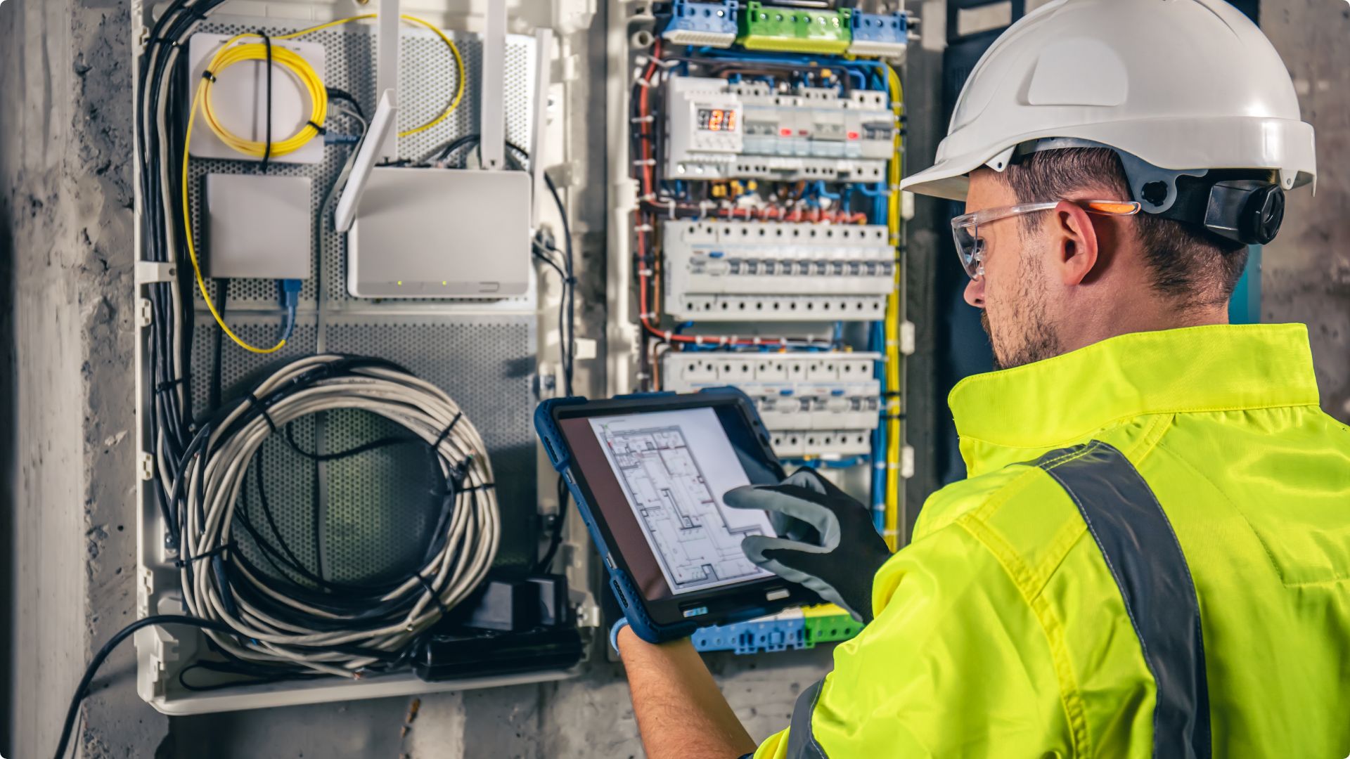 Leistung-Elektroinstallation 2 Elektriker prüft einen Schaltkasten mit einem iPad